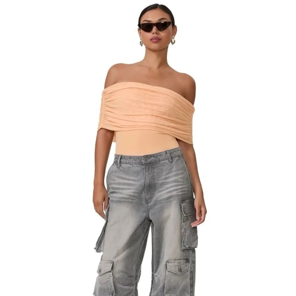 AFRM Peach Off Shoulder Ruched Bodysuit Small NWOT